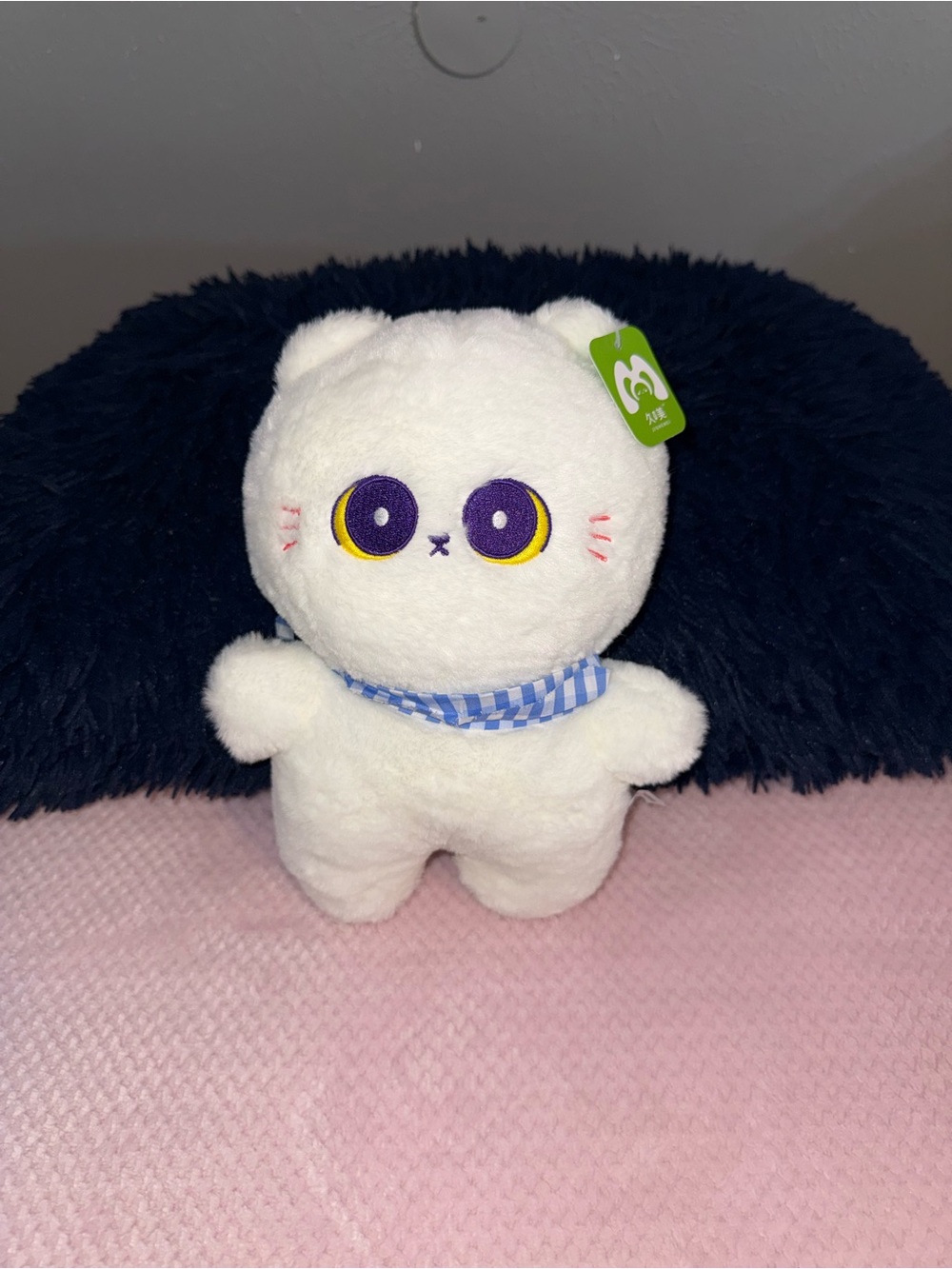 Plush White Small Pet Toy with Blue Check Scarf